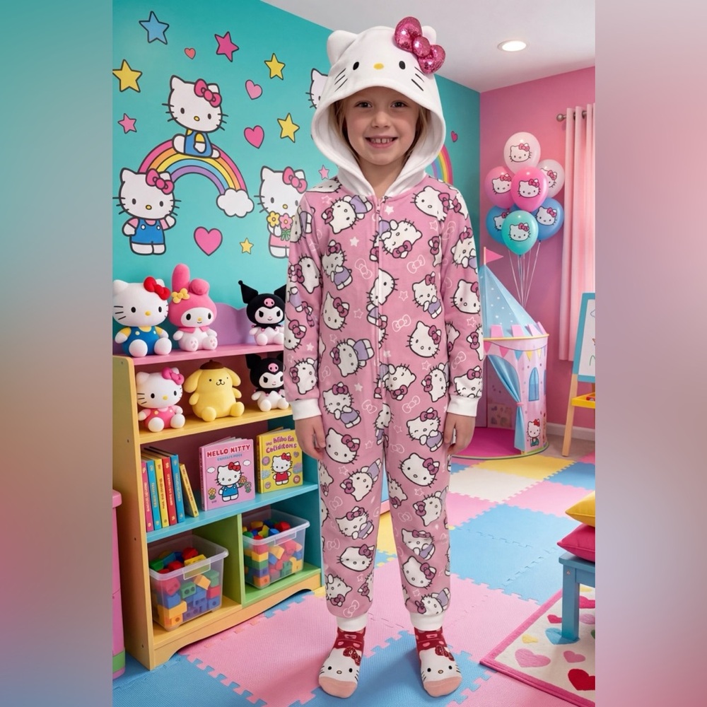 READ DESCRIPTION  YOU GET 3 ITEMS! Hello Kitty  Fleece Kids One-Piece  with Hood
